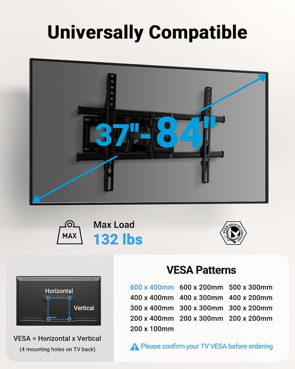 Pipishell Full Motion TV Wall Mount for 37-84" Flat Curved TVs, Wall Mount TV Bracket with Dual Articulating Arms Swivel Tilt Rotation, TV Mount up to 132lbs Max VESA 600x400 Fit 12"-16" Wood Stud（副本）