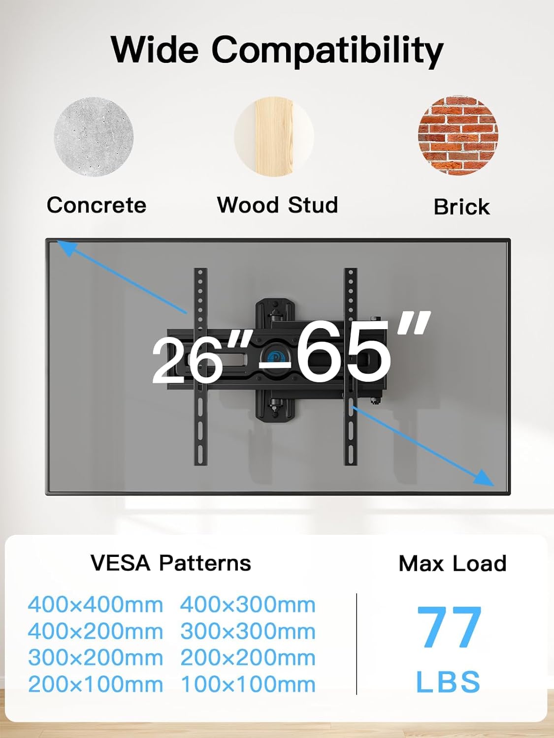 Pipishell Full Motion TV Wall Mount for 26-65 Inch TVs up to 77 lbs, Height Adjustable Corner Wall Mount Bracket with Articulating Arm, Swivel Extension Tilt, Max VESA 400x400mm, PIMF9