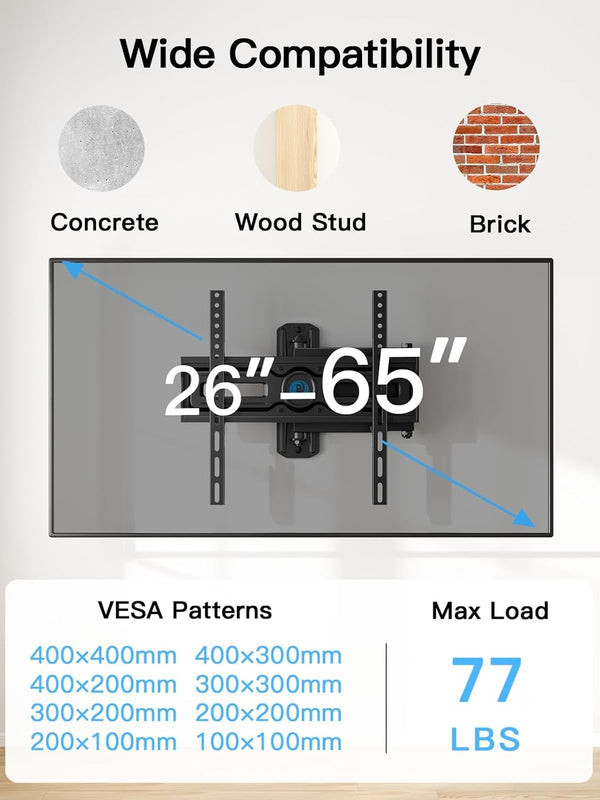 Pipishell Full Motion TV Wall Mount for 26-65 Inch TVs up to 77 lbs, Height Adjustable Corner Wall Mount Bracket with Articulating Arm, Swivel Extension Tilt, Max VESA 400x400mm, PIMF9