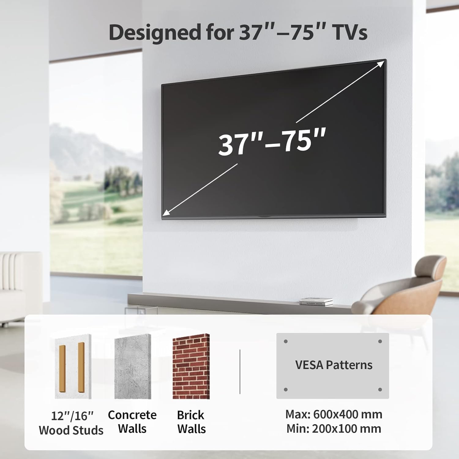 Pipishell Full Motion TV Wall Mount for Most 37-75 inch TVs up to 100 lbs, Wall Mount Bracket with Dual Articulating Arms, Swivel, Tilt, Max VESA 600x400mm, TV Mount Fits 12”/16” Wood Studs, PILF6
