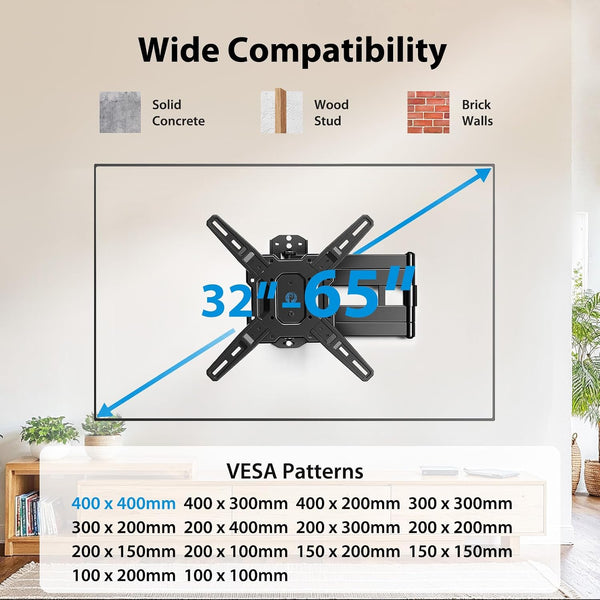 Pipishell Full Motion Long-Arm TV Wall Mount for 32-65 Inch TVs, Max VESA 400x400mm up to 110 lbs, 37.4” Long Extension Corner TV Mount, Swivel & Tilt, Space-Saving Wall Mount TV Bracket, PIMF26B