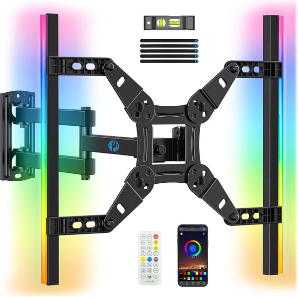 Pipishell Full Motion TV Wall Mount with LED Light for Echo Show 21/15 and 13″–43″ TVs up to 44 lbs, Max VESA 200 x 200mm, Backlit TV Mount with Music Sync, Rotation Swivel Extension Tilt, PISF06B