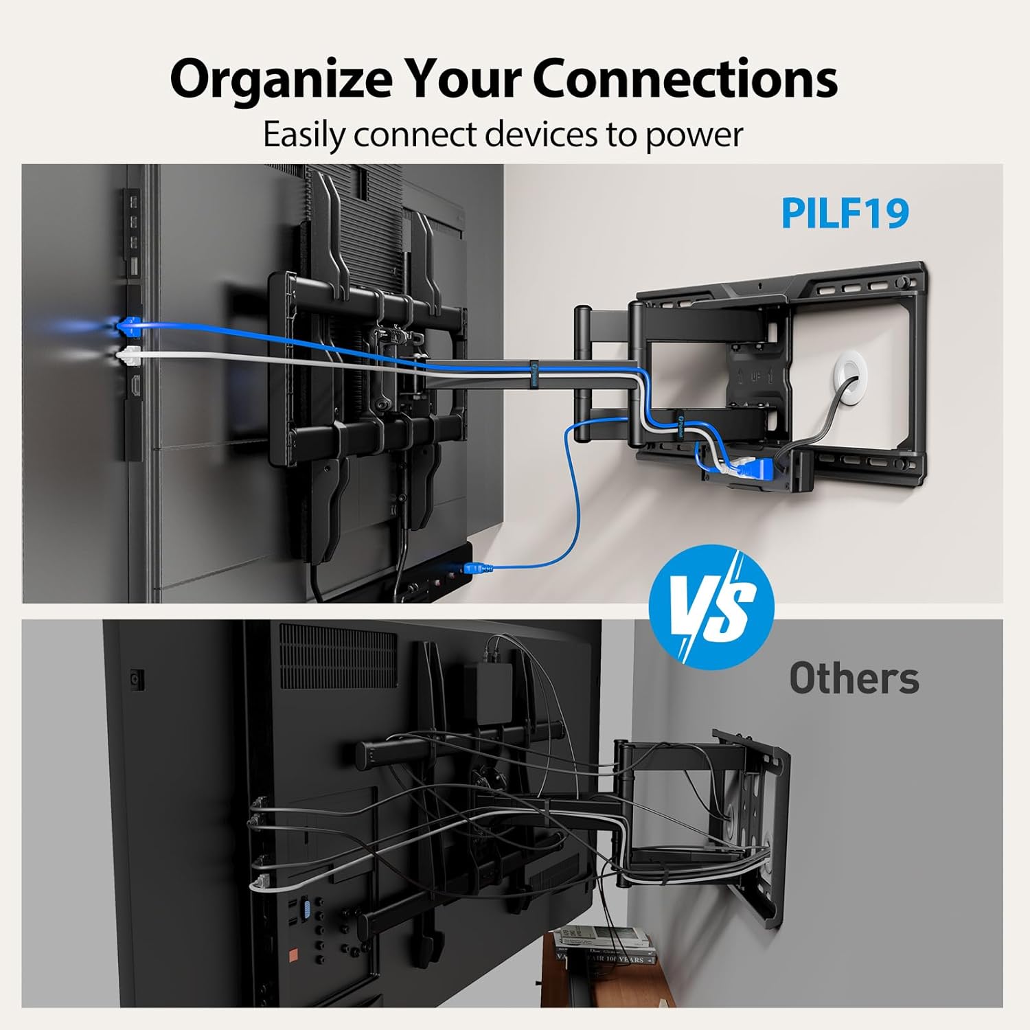 Pipishell Full Motion TV Wall Mount with Power Strip for 42–90 Inch TVs up to 150 lbs, Pre-Assembled TV Mount Has Smooth Swivel, Tilt, Extension, Max VESA 600x400mm, 12“/16”/24” Wood Studs