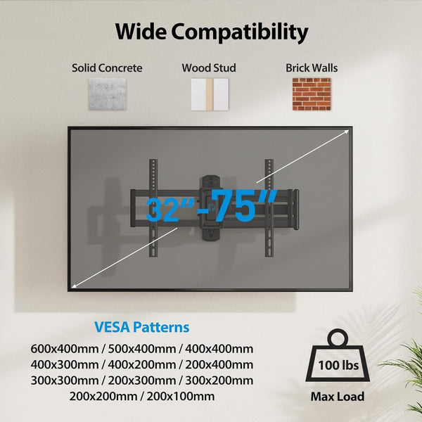 Pipishell Full-Motion Long-Arm TV Wall Mount for 32-75 Inch TVs up to 100 lbs, Corner TV Mount with 32.37” Extension, Swivel & Tilt, Space-Saving Wall Mount TV Bracket, Max VESA 600x400mm, PILF18
