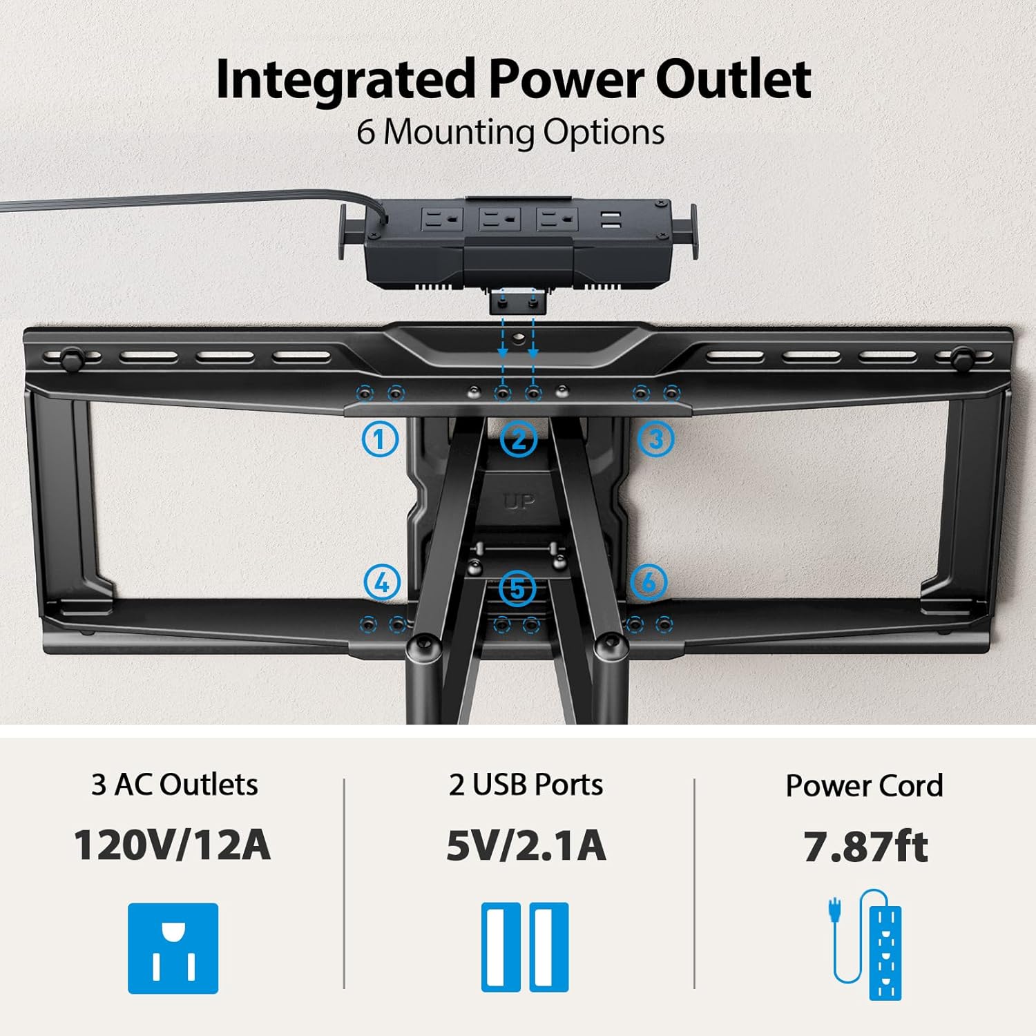 Pipishell Full Motion TV Wall Mount with Power Strip for 42–90 Inch TVs up to 150 lbs, Pre-Assembled TV Mount Has Smooth Swivel, Tilt, Extension, Max VESA 600x400mm, 12“/16”/24” Wood Studs