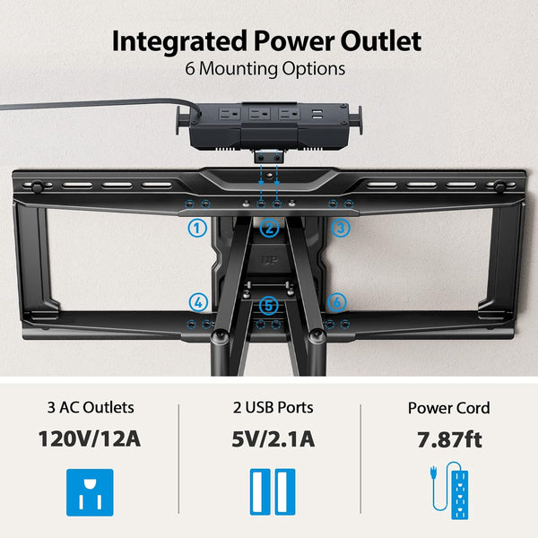 Pipishell Full Motion TV Wall Mount with Power Strip for 42–90 Inch TVs up to 150 lbs, Pre-Assembled TV Mount Has Smooth Swivel, Tilt, Extension, Max VESA 600x400mm, 12“/16”/24” Wood Studs