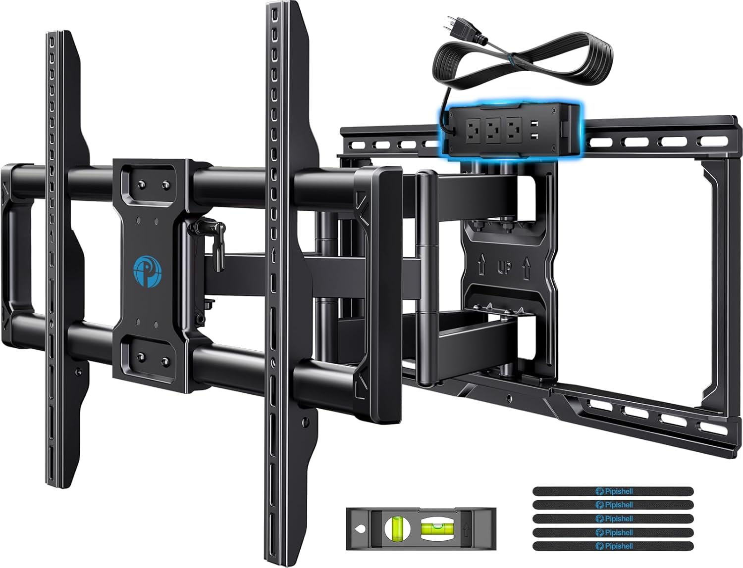 Pipishell Full Motion TV Wall Mount with Power Strip for 42–90 Inch TVs up to 150 lbs, Pre-Assembled TV Mount Has Smooth Swivel, Tilt, Extension, Max VESA 600x400mm, 12“/16”/24” Wood Studs