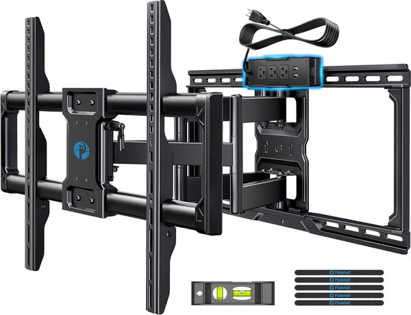 Pipishell Full Motion TV Wall Mount with Power Strip for 42–90 Inch TVs up to 150 lbs, Pre-Assembled TV Mount Has Smooth Swivel, Tilt, Extension, Max VESA 600x400mm, 12“/16”/24” Wood Studs