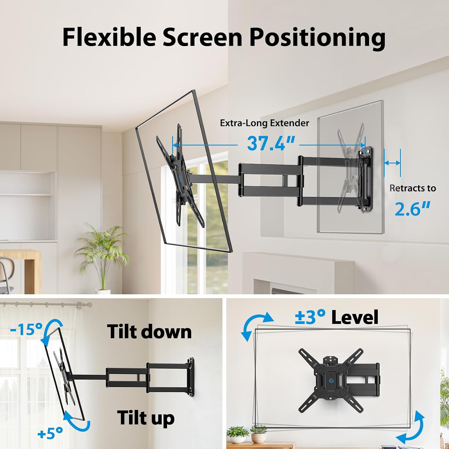 Pipishell Full Motion Long-Arm TV Wall Mount for 32-65 Inch TVs, Max VESA 400x400mm up to 110 lbs, 37.4” Long Extension Corner TV Mount, Swivel & Tilt, Space-Saving Wall Mount TV Bracket, PIMF26B