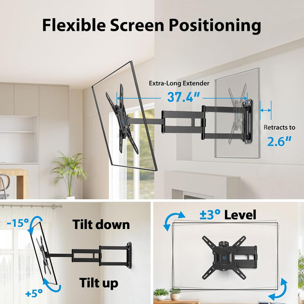 Pipishell Full Motion Long-Arm TV Wall Mount for 32-65 Inch TVs, Max VESA 400x400mm up to 110 lbs, 37.4” Long Extension Corner TV Mount, Swivel & Tilt, Space-Saving Wall Mount TV Bracket, PIMF26B