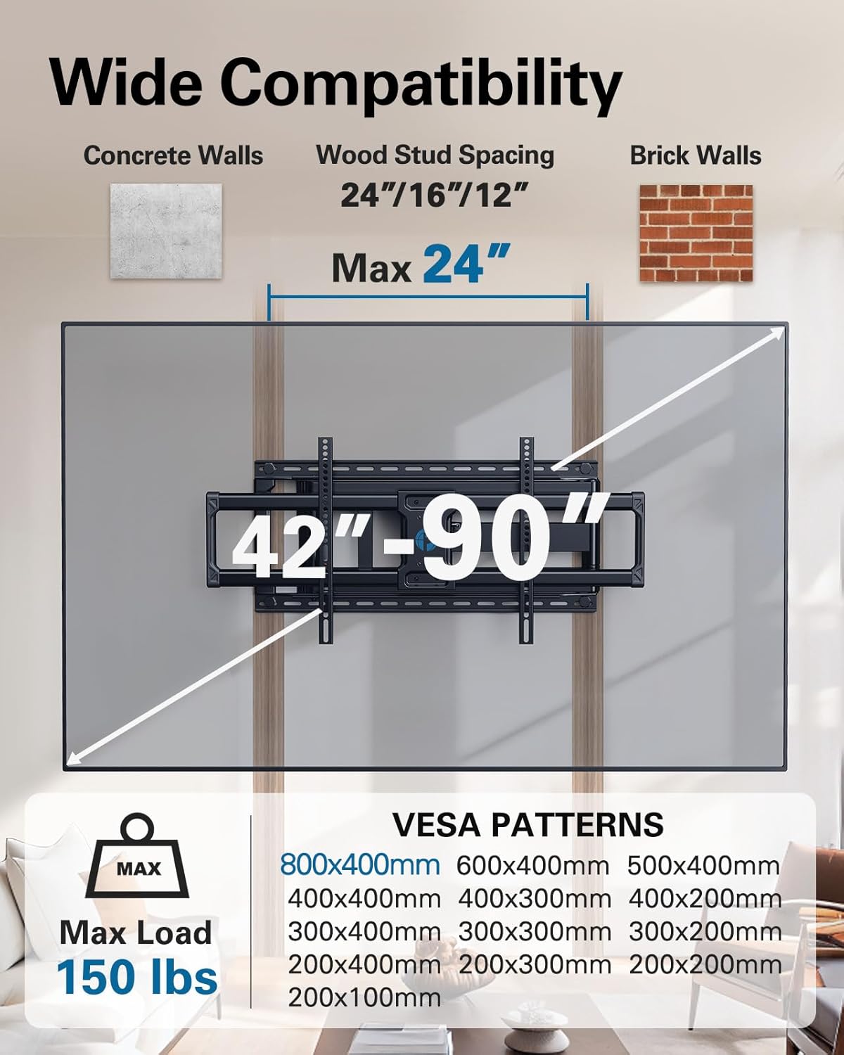 Pipishell Long Arm Full Motion TV Wall Mount for 42–90 Inch TVs up to 150 lbs, 40.1″ Long Extension, Pre-Assembled Corner TV Mount with Full Swivel, Tilt, Fits 8″/12″/16″/24″ Studs, Max VESA 800x400mm