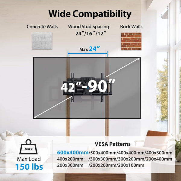 Pipishell Full Motion TV Wall Mount with Power Strip for 42–90 Inch TVs up to 150 lbs, Pre-Assembled TV Mount Has Smooth Swivel, Tilt, Extension, Max VESA 600x400mm, 12“/16”/24” Wood Studs