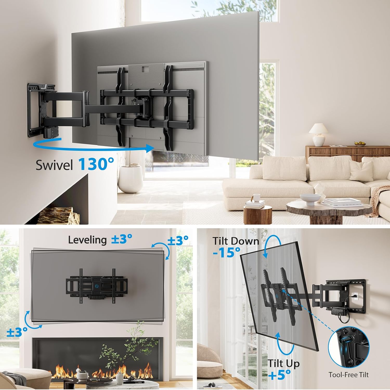 Pipishell Full Motion TV Wall Mount with Power Strip for 42–90 Inch TVs up to 150 lbs, Pre-Assembled TV Mount Has Smooth Swivel, Tilt, Extension, Max VESA 600x400mm, 12“/16”/24” Wood Studs