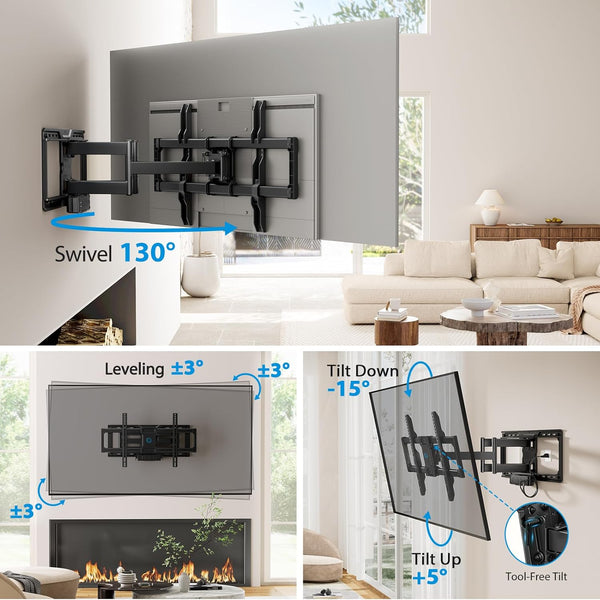 Pipishell Full Motion TV Wall Mount with Power Strip for 42–90 Inch TVs up to 150 lbs, Pre-Assembled TV Mount Has Smooth Swivel, Tilt, Extension, Max VESA 600x400mm, 12“/16”/24” Wood Studs