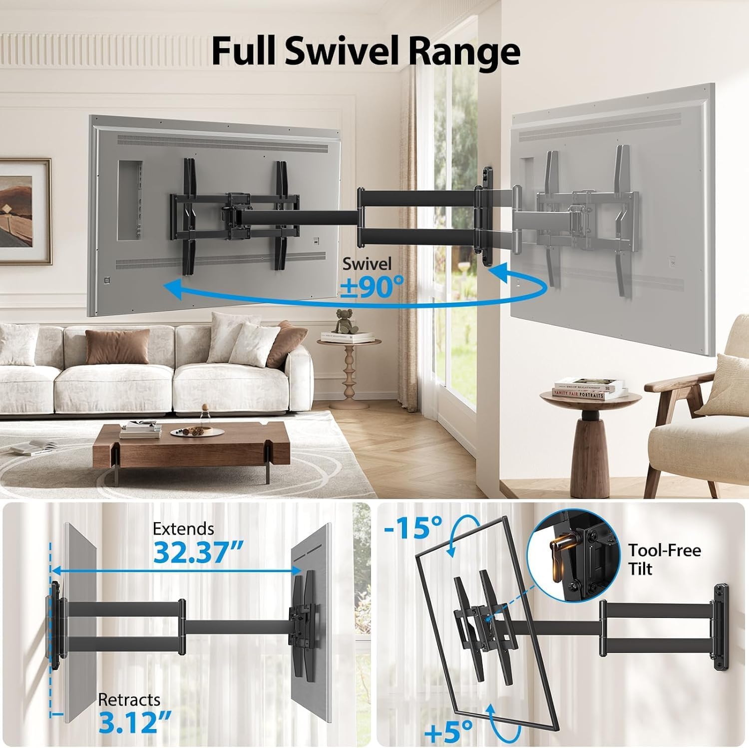 Pipishell Full-Motion Long-Arm TV Wall Mount for 32-75 Inch TVs up to 100 lbs, Corner TV Mount with 32.37” Extension, Swivel & Tilt, Space-Saving Wall Mount TV Bracket, Max VESA 600x400mm, PILF18