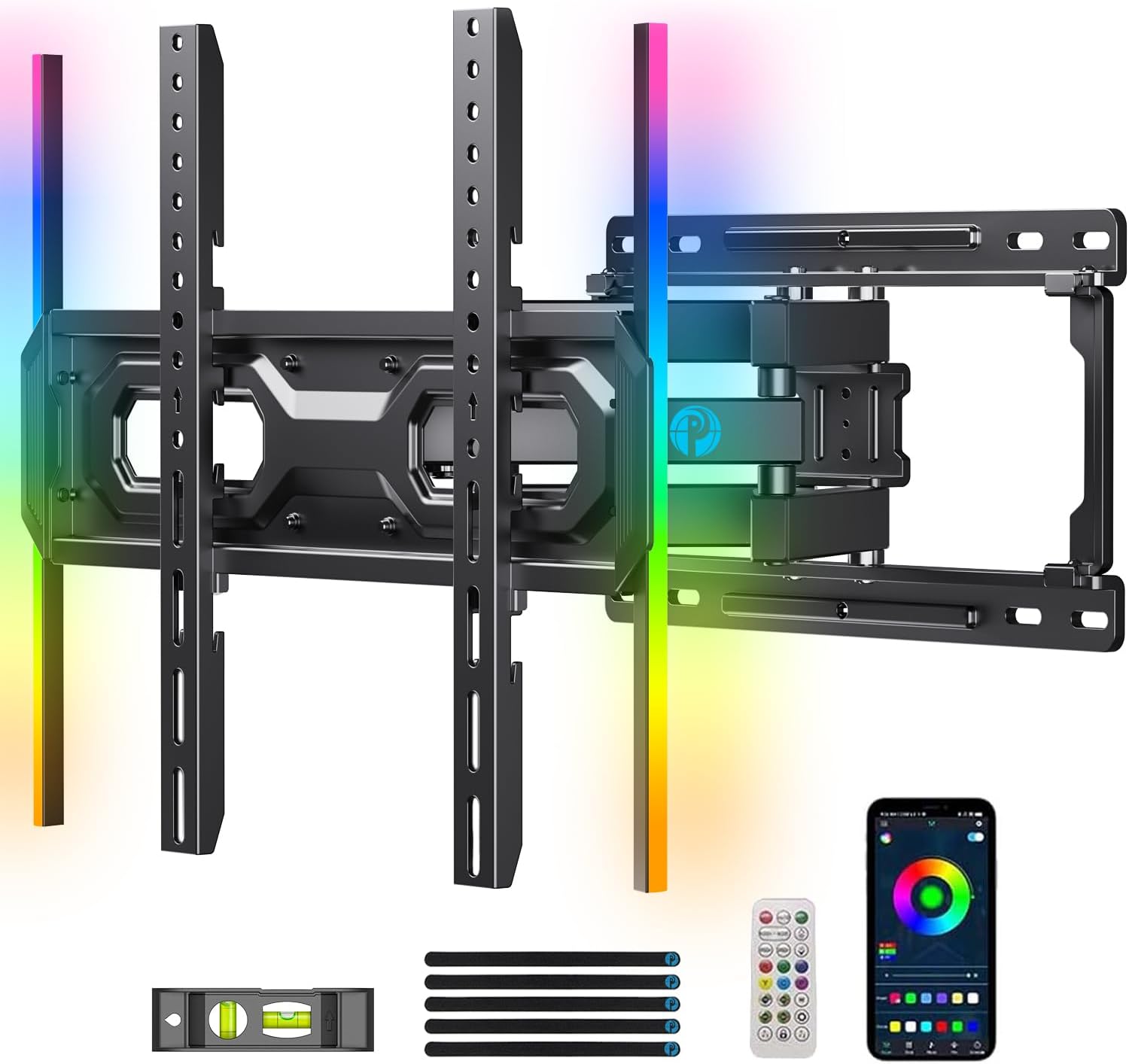 Pipishell Full Motion TV Wall Mount with LED Lights for 26-65 inch TVs, Pre-Assembled Wall Mount TV Bracket up to 99 lbs Max VESA 400x400mm, Fits 16”/12” Wood Studs, TV Backlights with Music Sync