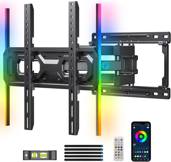 Pipishell Full Motion TV Wall Mount with LED Lights for 26-65 inch TVs, Pre-Assembled Wall Mount TV Bracket up to 99 lbs Max VESA 400x400mm, Fits 16”/12” Wood Studs, TV Backlights with Music Sync